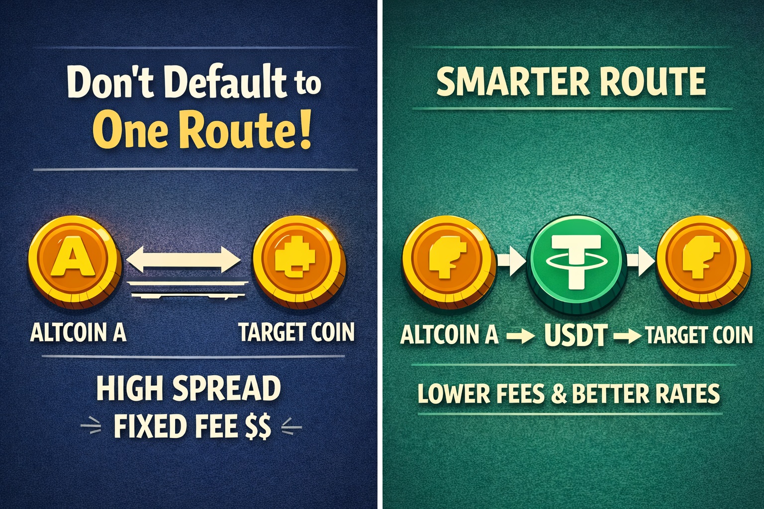 Infographic comparing a direct altcoin-to-target-coin swap with high spreads versus routing through USDT for lower fees and better rates